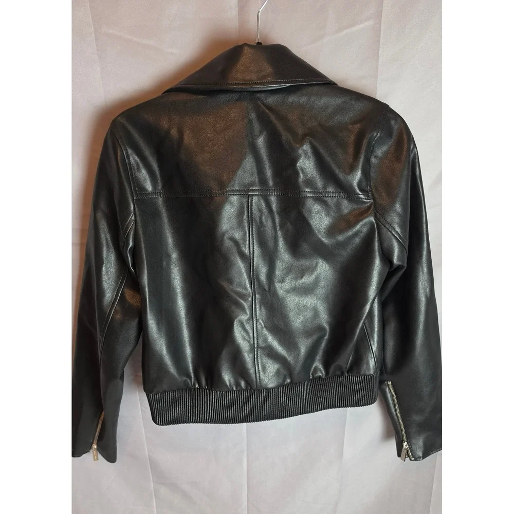 Michael Kors Womens Black Faux Leather Moto Jacket Cropped Bomber Streetwear